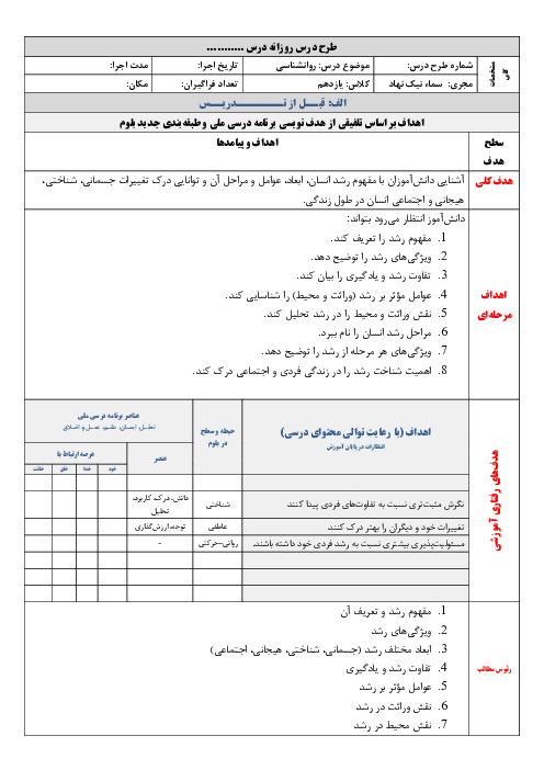 طرح درس روانشناسی یازدهم درس 2: راون شناسی رشد