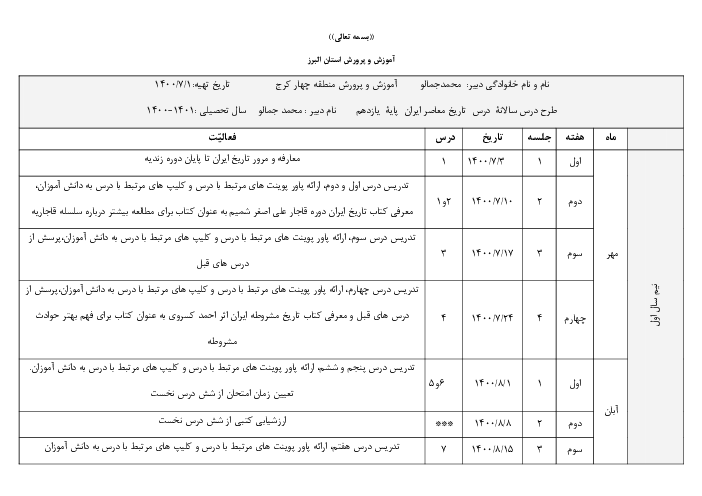 طرح درس سالانه تاریخ معاصر ایران یازدهم