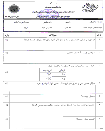 آزمون نوبت دوم علوم تجربی هشتم دبیرستان سرای دانش میاندوآب | خرداد 1398