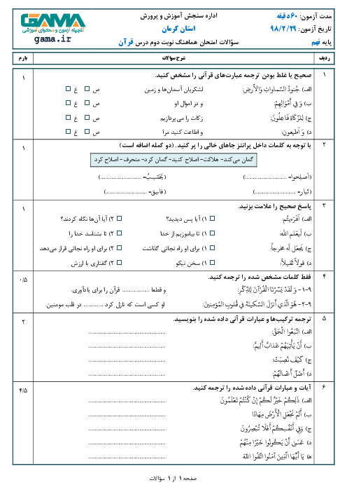 سؤالات امتحان هماهنگ استانی نوبت دوم آموزش قرآن پایه نهم استان کرمان | اردیبهشت 1398