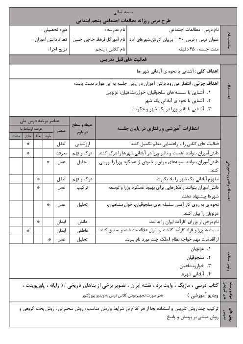 طرح درس مطالعات پنجم | درس 19: وزیران کاردان، شهرهای آباد