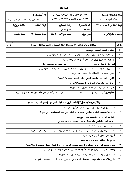 آزمون پودمانهای تولید کمپوت و کنسرو یازدهم هنرستان شهید یوسفی | فصل 1 تا 5