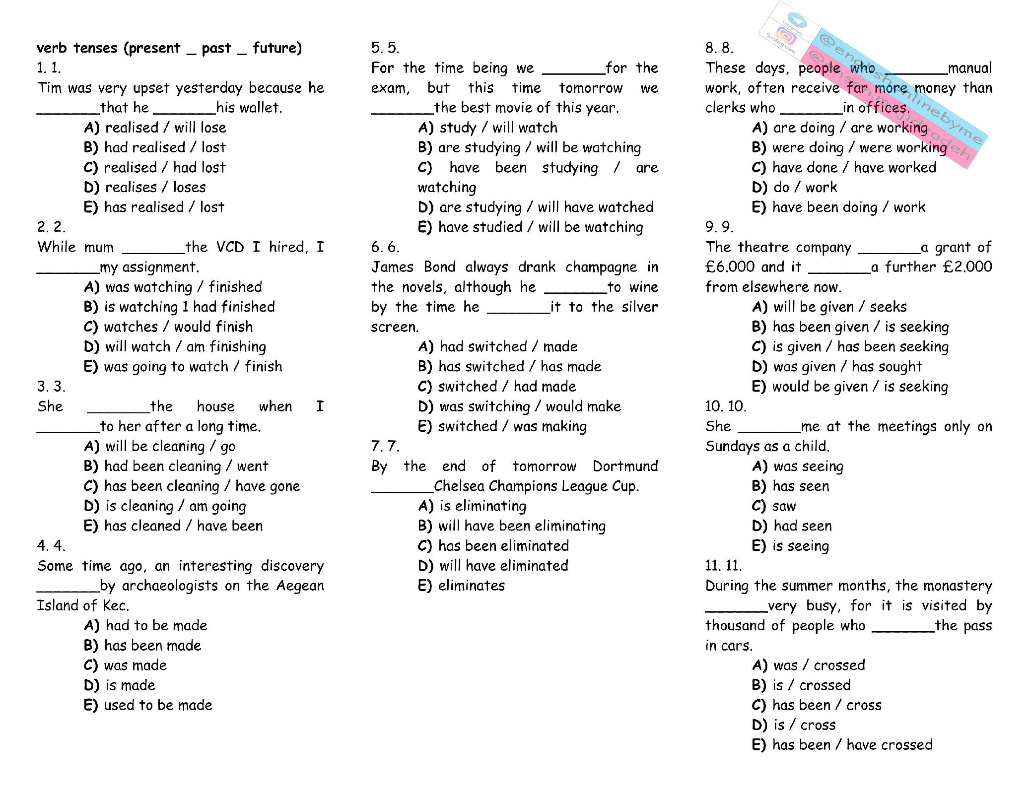 سوالات تستی گرامر verb tenses (present, past, future)