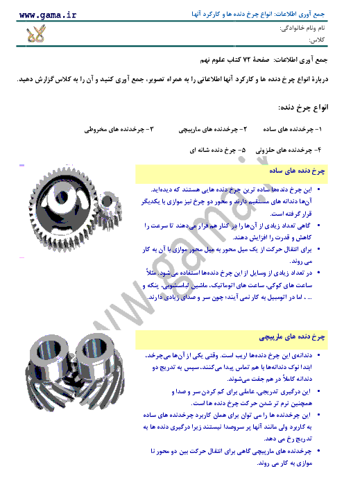 تحقیق جمع آوری اطلاعات صفحه 100 علوم تجربی نهم | انواع چرخدنده ها و کارکرد آنها