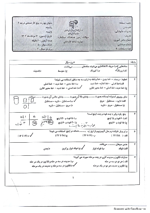 آزمون تئوری برقکار صنعتی درجه 2 هماهنگ استان اصفهان شهریور 1403 با کلید