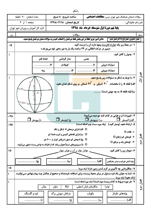 سؤالات امتحان هماهنگ استانی نوبت دوم مطالعات اجتماعی پایه نهم شهر تهران | خرداد 1398