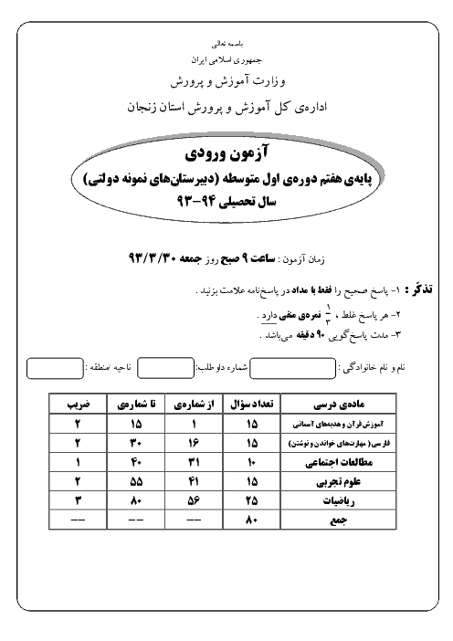 سوالات آزمون ورودی پایه هفتم مدارس نمونه دولتی دوره اول متوسطه استان زنجان با پاسخ کلیدی | سال 94-93
