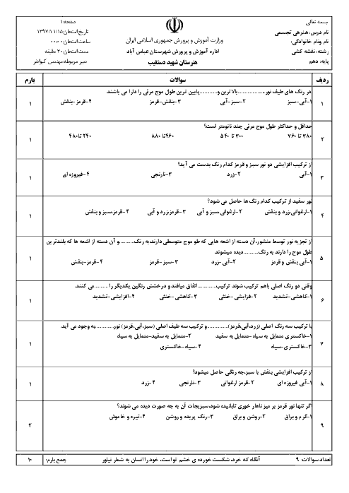 ارزشیابی مستمر مبانی هنرهای تجسمی دهم هنرستان حرفه ای شهید دستغیب | فصل 7: فیزیک رنگ
