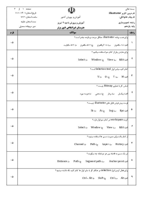 نمونه سوال امتحانی کاربر ایلیستریتور یازدهم تصویرسازی | نوبت خرداد 1401 هنرستان فنون برتر تبریز