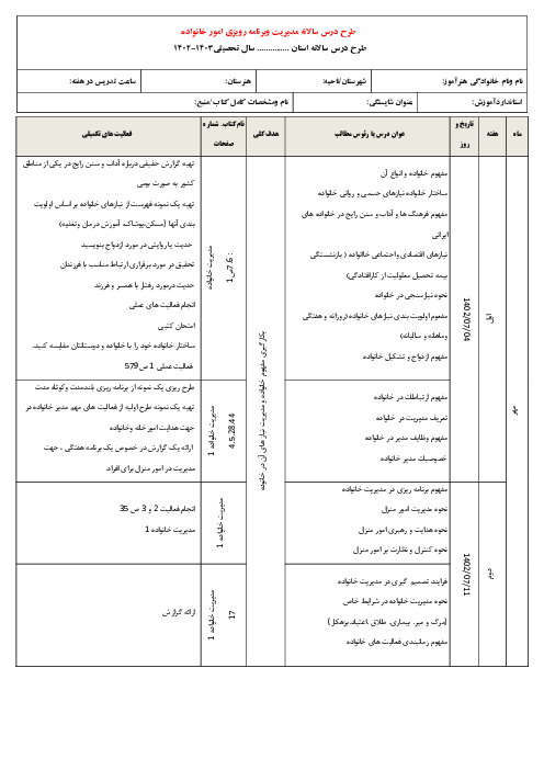 طرح درس سالانه کتاب برنامه ریزی و مدیریت امور خانواده