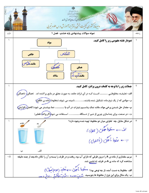 نمونه سوالات امتحانی علوم هشتم فصل 1 تا 8