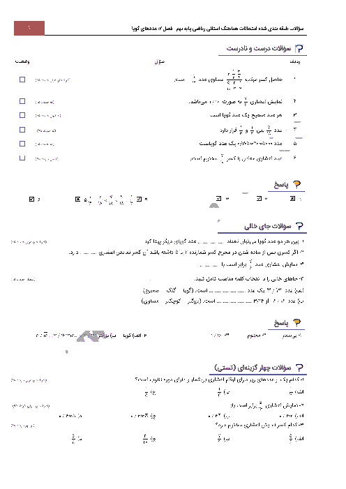 سؤالات امتحانات هماهنگ استانی فصل دوم ریاضی نهم با جواب | درس 1: عددهای گویا
