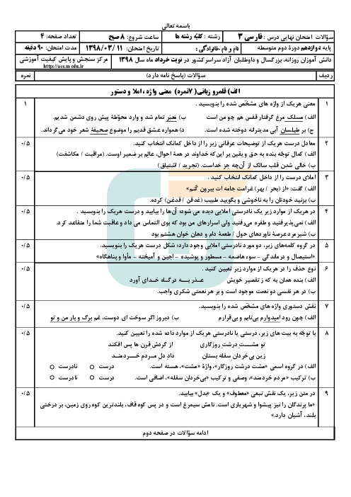 سؤالات امتحان نهایی درس فارسی (3) دوازدهم مشترک کلیه رشته‌ها | خرداد 1398