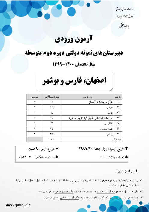 سوالات آزمون ورودی پایه دهم دبیرستان های نمونه دولتی سال تحصیلی 1400-1399 | استان اصفهان، فارس و بوشهر