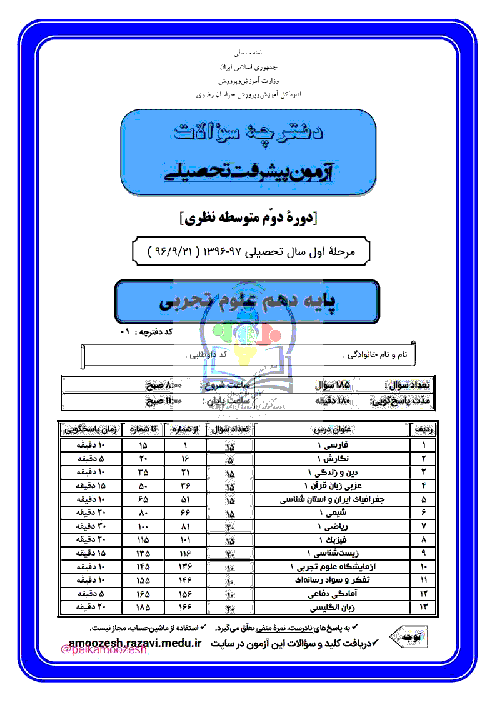 سوالات آزمون پیشرفت تحصیلی پایه دهم رشته تجربی استان خراسان رضوی | مرحله اول (آذر 96) + پاسخ تشریحی