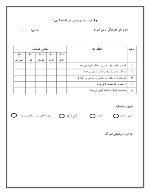 چک لیست هنر اول دبستان | قصه گویی