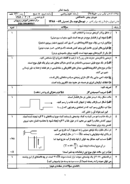 سوالات و پاسخ تشریحی امتحان هماهنگ سراسر کشور فیزیک (4) رشته ریاضی خرداد 1389
