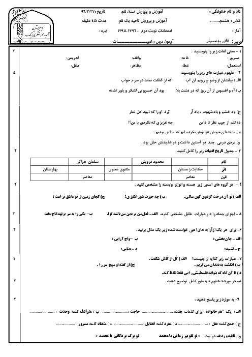 سوالات امتحان نوبت دوم ادبیات فارسی هشتم مدرسۀ شهید محمد منتظری (1) ناحیه یک قم - خرداد 96