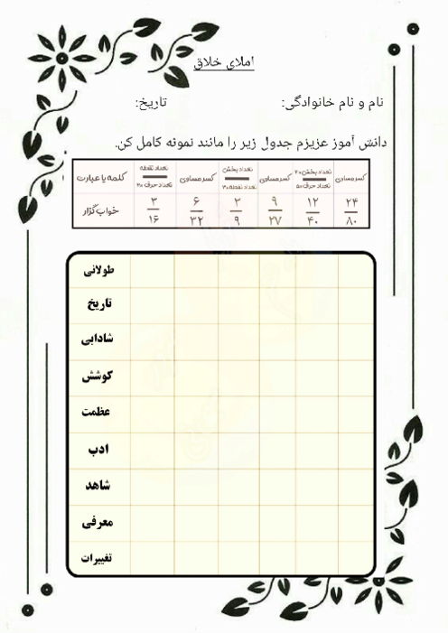 کاربرگ املای خلاق  تلفیقی فارسی و ریاضی ششم