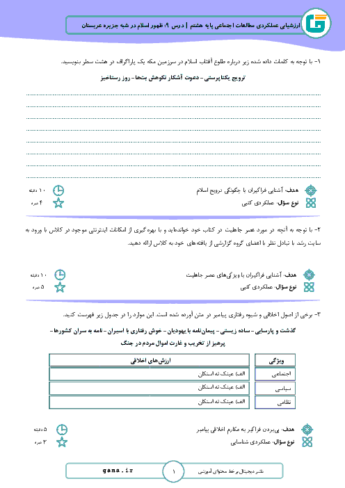 فعالیت های عملکردی مطالعات اجتماعی هشتم | درس 9: ظهور اسلام در شبه جزیرهٔ عربستان