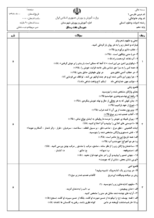 سؤالات امتحان نوبت دوم فارسی (1) دهم رشته انسانی دبیرستان عفت |‌ شهریور 96