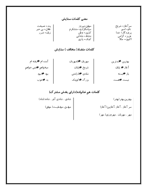 کلمات (معنی،مخالف،هم خانواده) درس به درس فارسی دوم دبستان | درس 1 تا 17