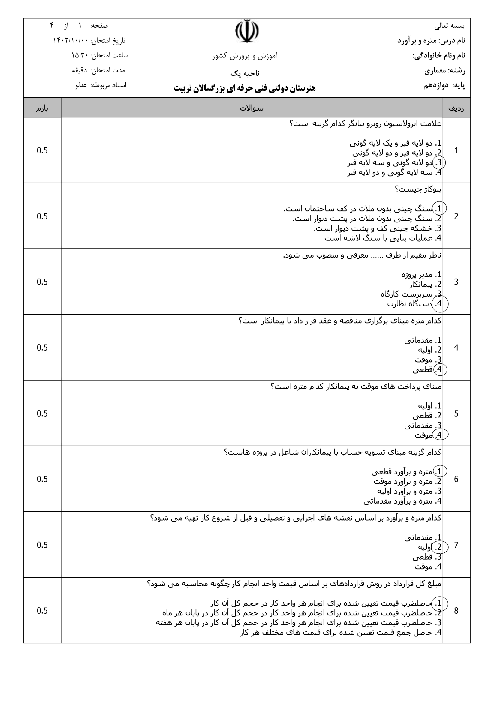آزمون تئوری متره و برآورد رشته معماری