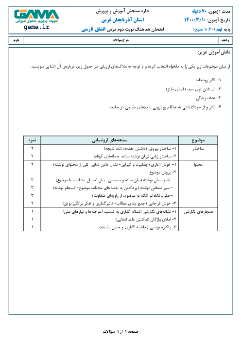 امتحان هماهنگ انشای فارسی پایه نهم استان آذربایجان غربی | خرداد 1400