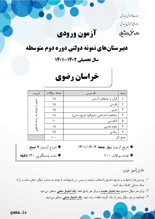آزمون ورودی پایه دهم مدارس نمونه دولتی دوره دوم متوسطه سال تحصیلی 1402-1401 | استان خراسان رضوی