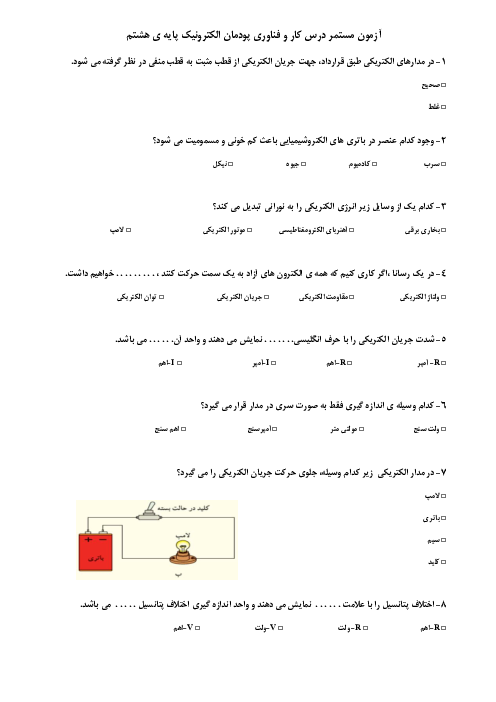 آزمون تستی کار و فناوری هشتم مدرسه امام حسین | پودمان الکترونیک