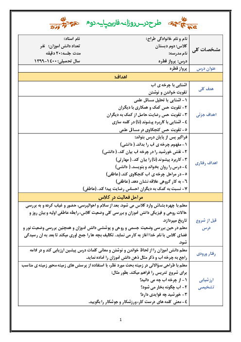 طرح درس روزانه فارسی دوم دبستان | درس 16: پرواز قَطره