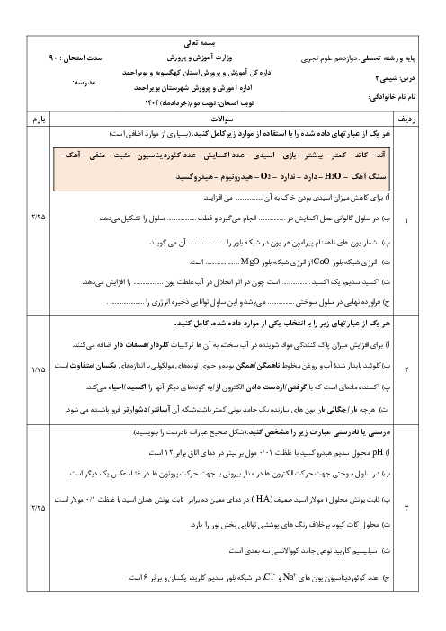 نمونه سوال شیمی دوازدهم خرداد 1403 خرداد | دبیرستان نمونه دولتی یادگار امام 