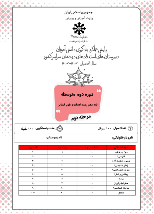 آزمون پایش عملکرد یادگیری دانش آموزان پایه دهم انسانی مدارس سمپاد | مرحله دوم (اردیبهشت 1403)