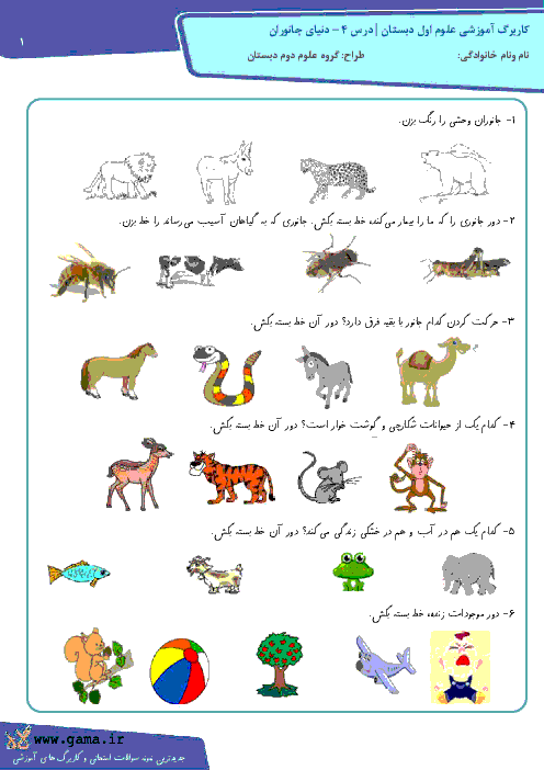 آزمون عملکردی تصویری علوم اول دبستان | درس 4- دنیای جانوران