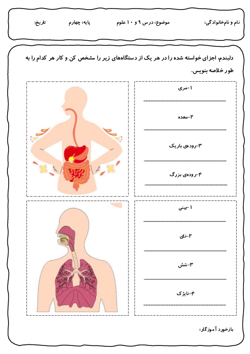 کاربرگ درس 9 و 10 علوم چهارم