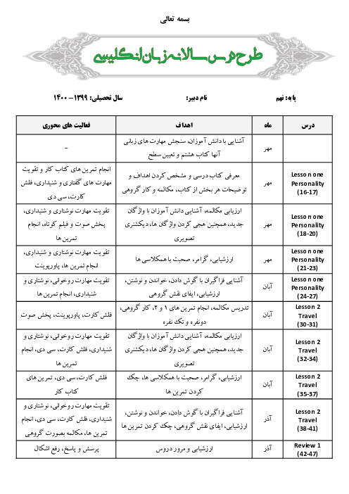 طرح درس سالانه انگلیسی نهم | درس 1 تا 6