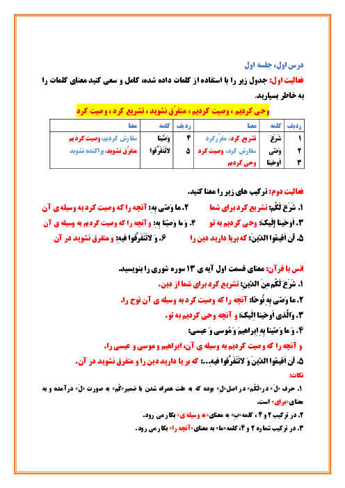 راهنمای گام به گام و پاسخ فعالیت‌های قرآن نهم | درس 1 تا 11