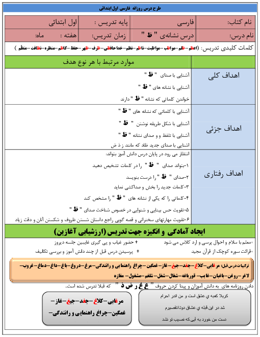 طرح درس روزانه فارسی اول دبستان | درس 22: پیامبر مهربان ”ظ“