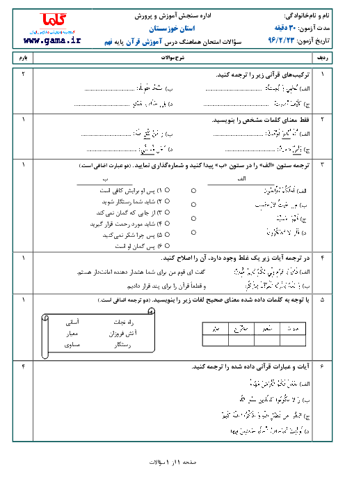 سؤالات و پاسخنامه امتحان هماهنگ استانی نوبت دوم خرداد ماه 96 درس آموزش قرآن پایه نهم | استان خوزستان