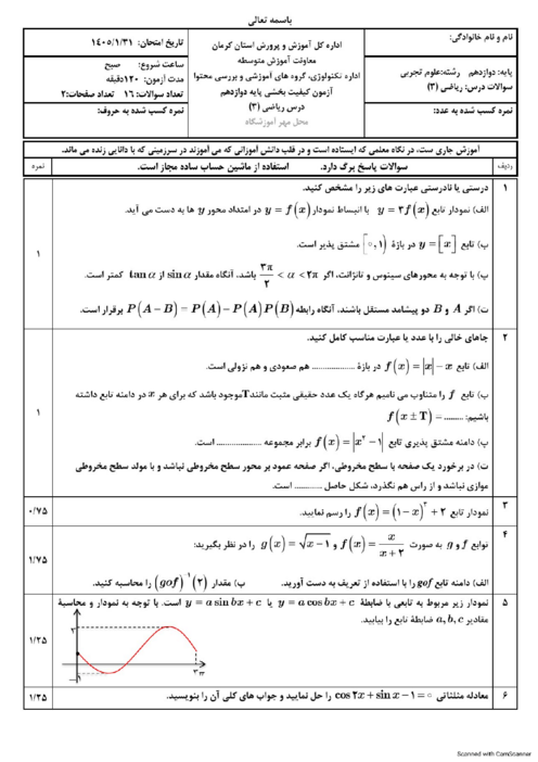 نمونه سوالات شبه نهایی ریاضی دوازدهم استان کرمان