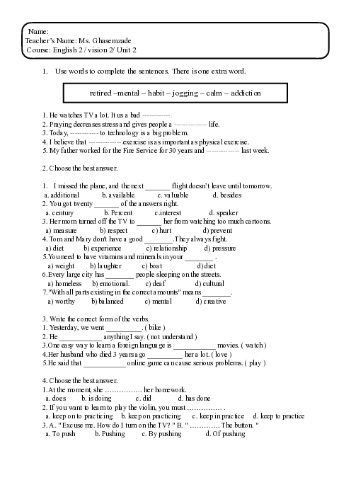 آزمون درس 2 زبان یازدهم؛ Vocabulary, Grammar, Reading