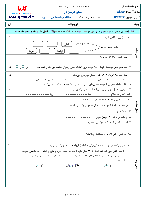 سؤالات و پاسخنامه امتحان هماهنگ استانی نوبت دوم خرداد ماه 96 درس مطالعات اجتماعی پایه نهم | استان هرمزگان
