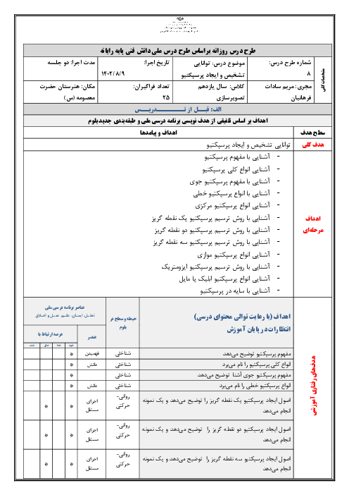 طرح درس روزانه ملی بلوم نرم افزار Photoshop | واحد کار 8: توانایی تشخیص و ایجاد پرسپکتیو