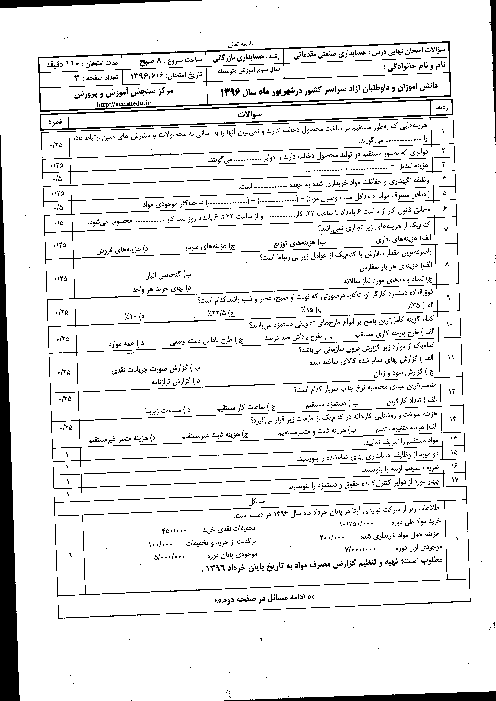 آزمون هماهنگ کشوری نوبت دوم حسابدار صنعتی درجه 2 دوازدهم هنرستان | شهریور 1396