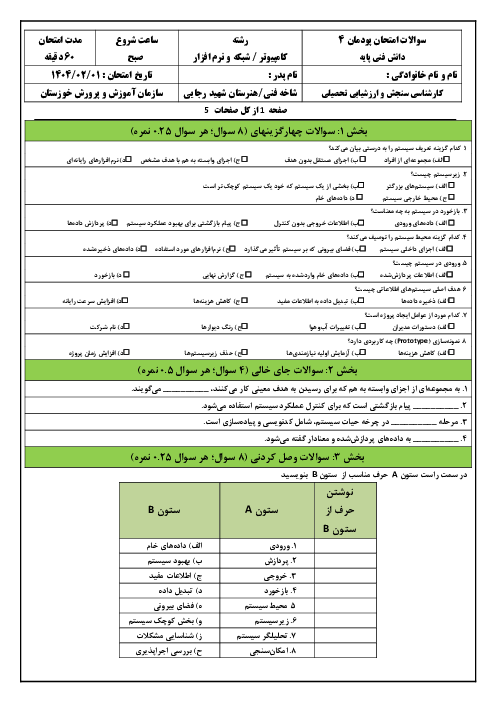 امتحان پودمان 4 کتاب دانش فنی پایه شبکه و نرم افزار رایانه هنرستان: مراحل تجزیه و تحلیل سیستم در فرایند تولید نرم افزار