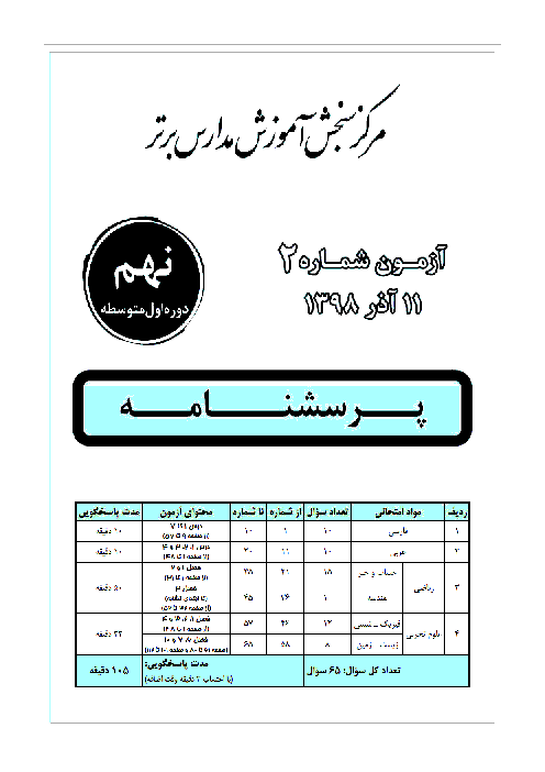 آزمون سنجش مدارس برتر پایه نهم | آذر 1398
