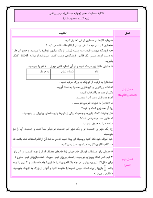 مجموعه تکالیف فعالیت محور ریاضی چهارم دبستان