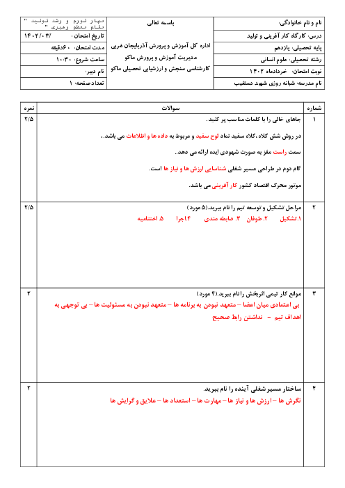 امتحان نوبت دوم کارگاه کار آفرینی و تولید یازدهم دبیرستان شبانه روزی شهید دستغیب | خرداد 1402