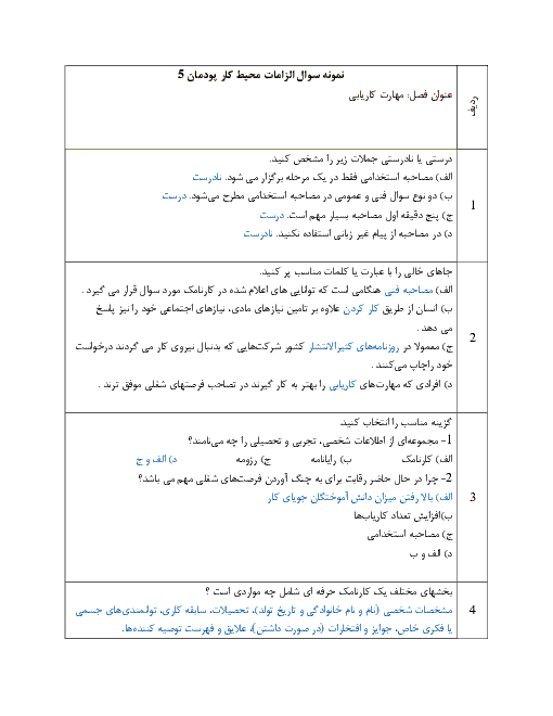 نمونه سوال و جواب امتحان پودمان 5 الزامات محیط کار دهم | مهارت کاریابی