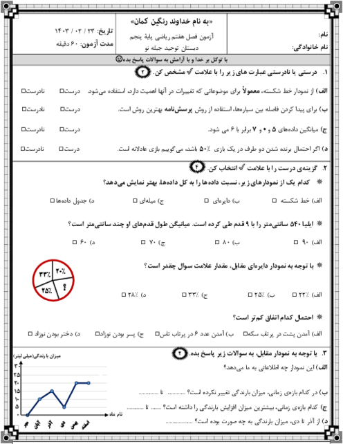آزمون فصل هفتم ریاضی پایه پنجم I آمار و احتمال